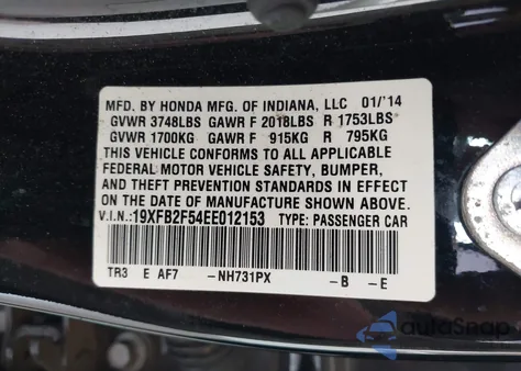 2014 Honda Civic Lx из США, поврежденный, VIN 19XFB2F54EE012153